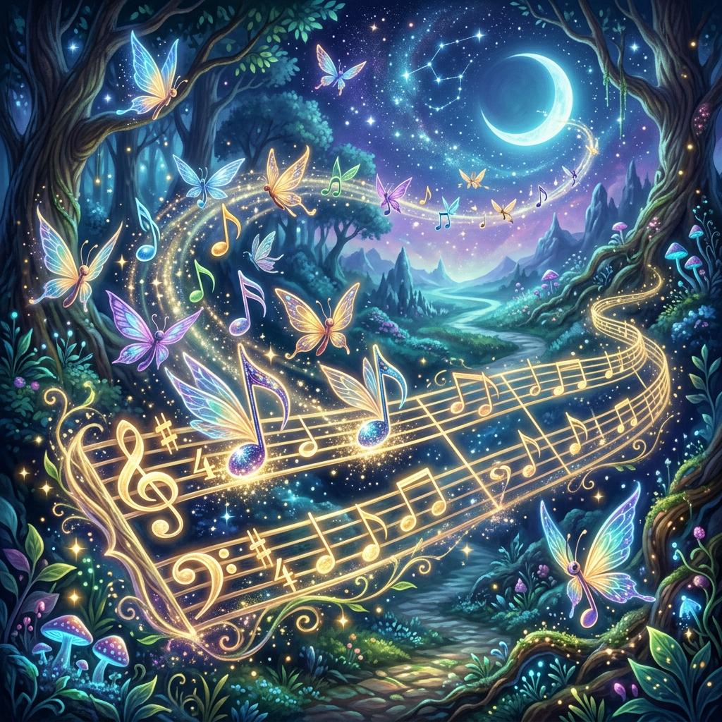 Glowing musical notes and butterflies floating through a mystical forest under a crescent moon