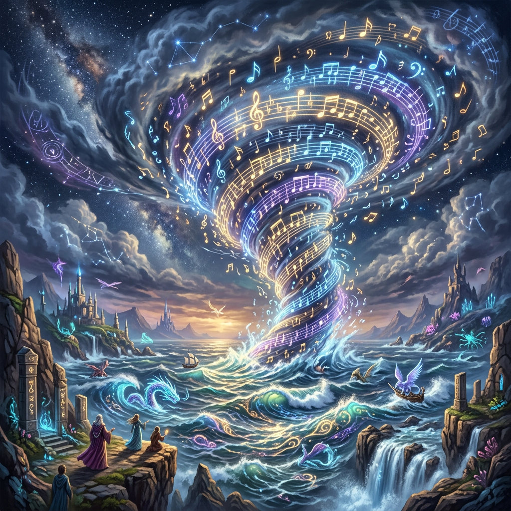 Vortex of glowing musical notes rising above turbulent ocean with fantasy castles and figures