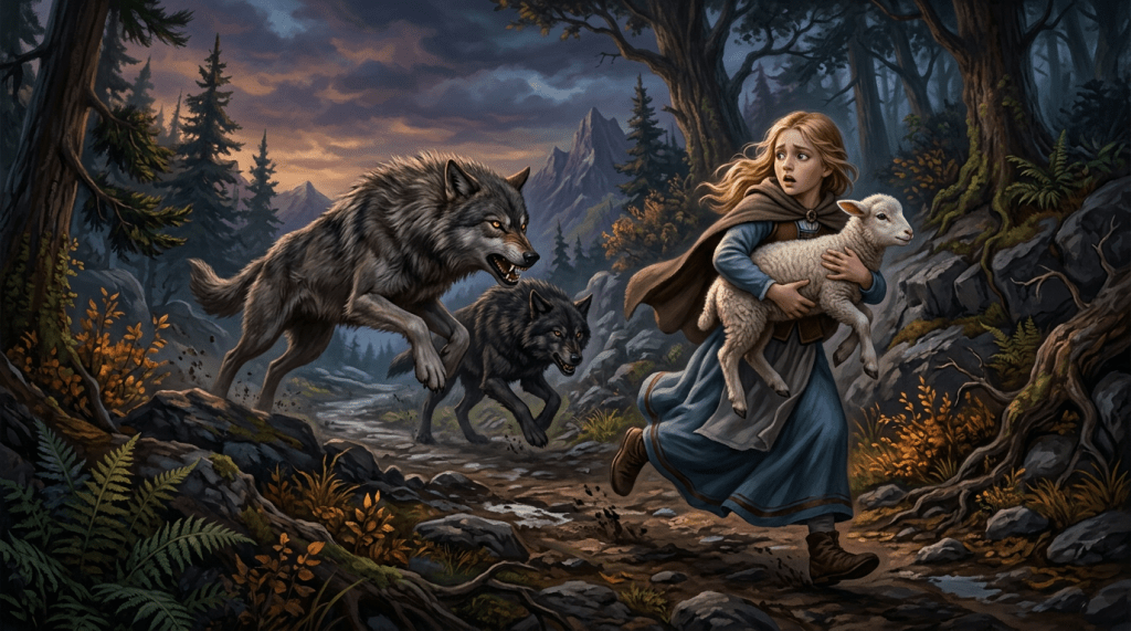 A young girl holding a lamb runs through a forest trail with two wolves chasing her.
