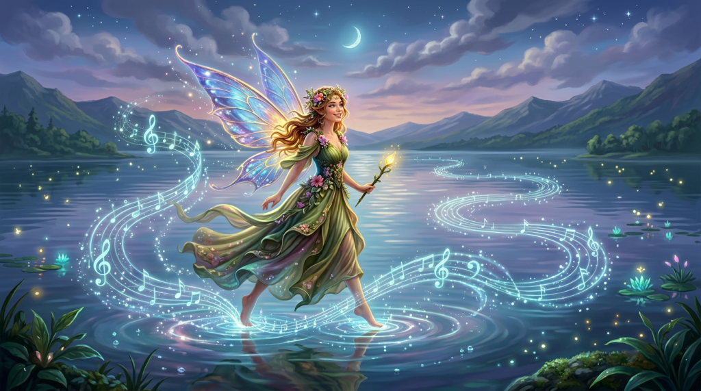 A fairy with glowing blue wings and a floral dress walks on water holding a glowing wand in a magical forest under a crescent moon.