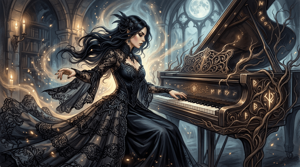 Gothic woman playing ornate grand piano with mystical glowing runes in a candlelit medieval hall